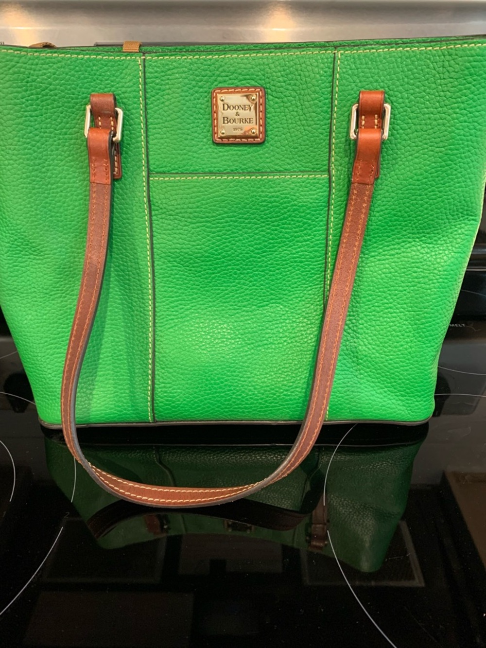 Dooney & Bourke Bright Green Pebbled Leather Tote with Brown Straps